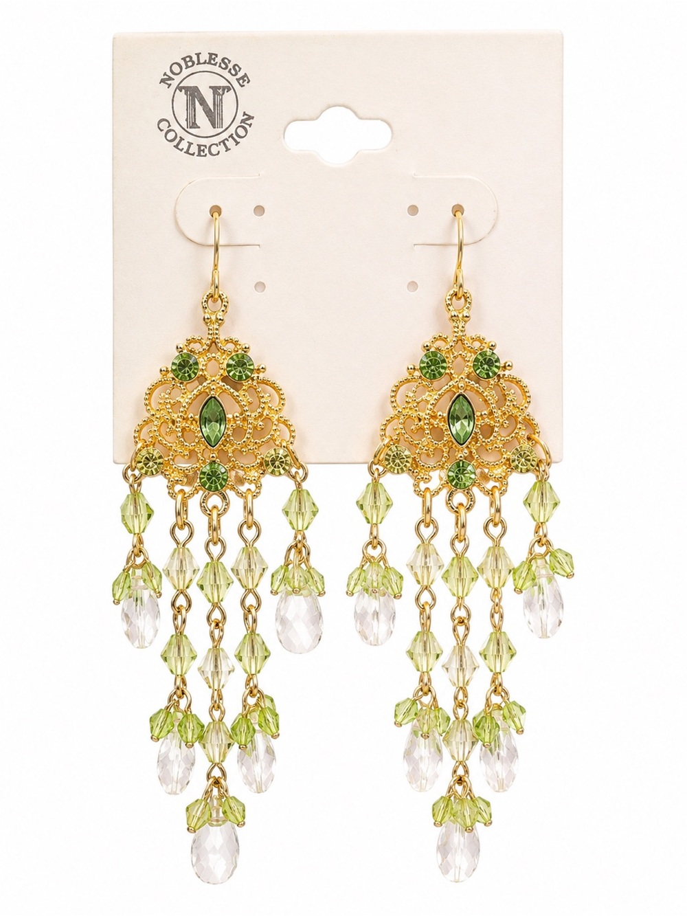Noblesse Collection Green Crystal Chandelier Earrings Gold Tone NWT Boho Glam
